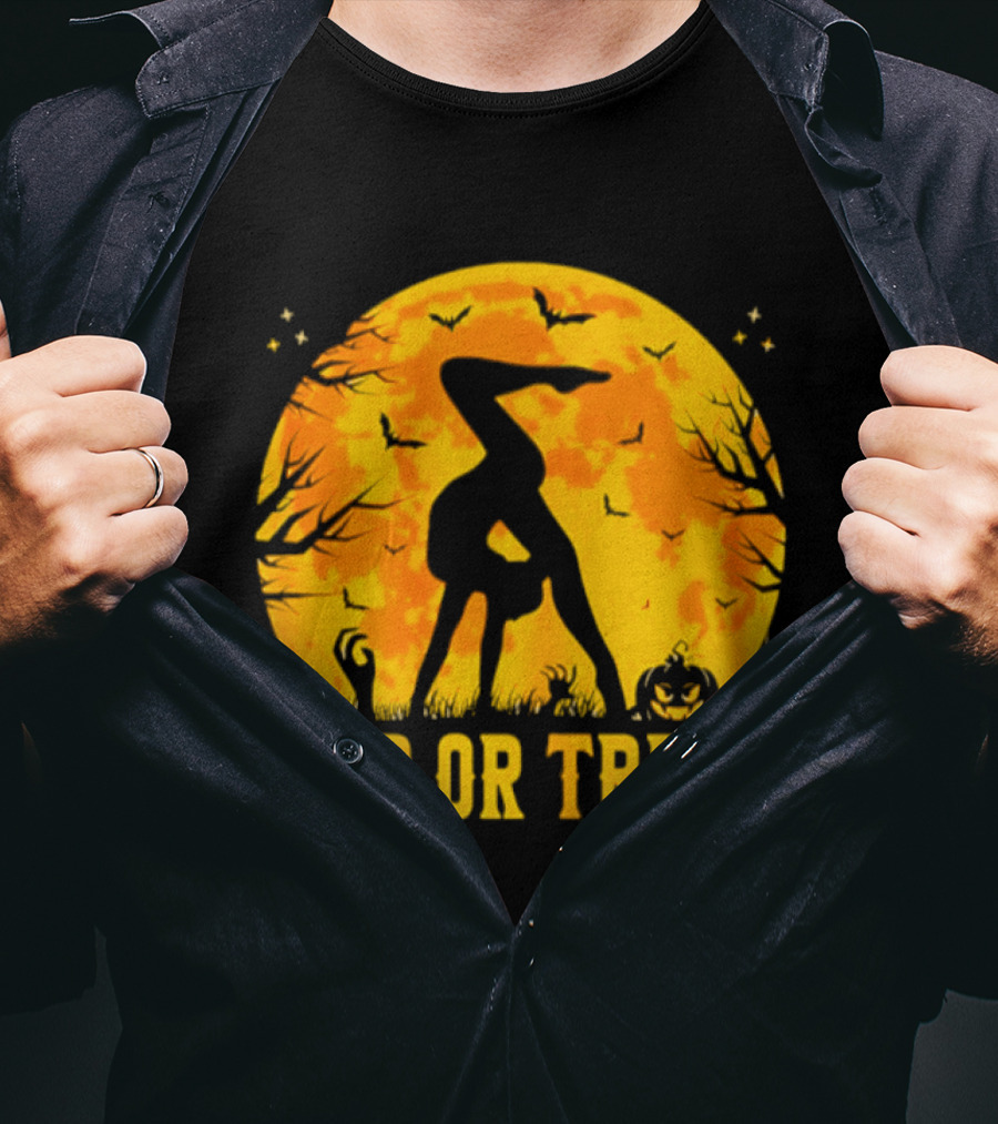 Flip Or Treat Halloween Gymnastics Moon Silhouette Spooky Pumpkin T-Shirt