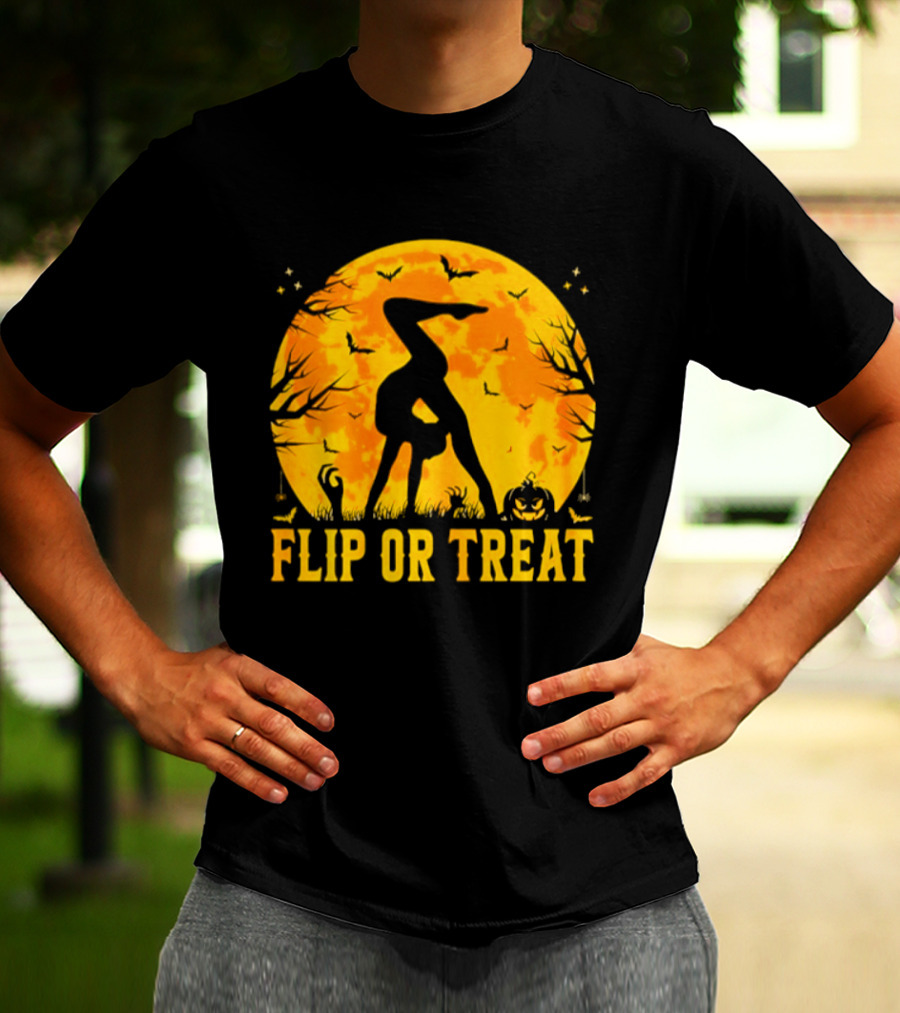 Flip Or Treat Halloween Gymnastics Moon Silhouette Spooky Pumpkin T-Shirt