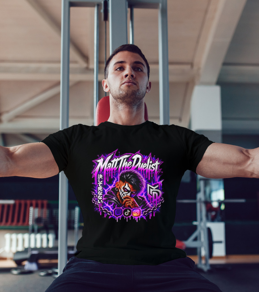 Matt The Duelist Freelance MTD Anime Gamer Mask Neon Purple Kanji T-Shirt