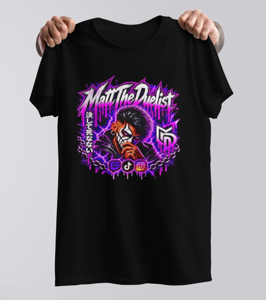 Matt The Duelist Freelance MTD Anime Gamer Mask Neon Purple Kanji T-Shirt