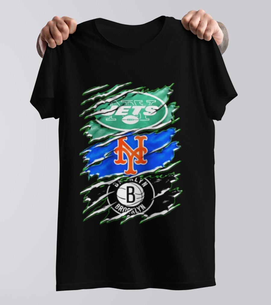 New York Jets Mets Brooklyn Nets Scratch Logo Mashup T-Shirt