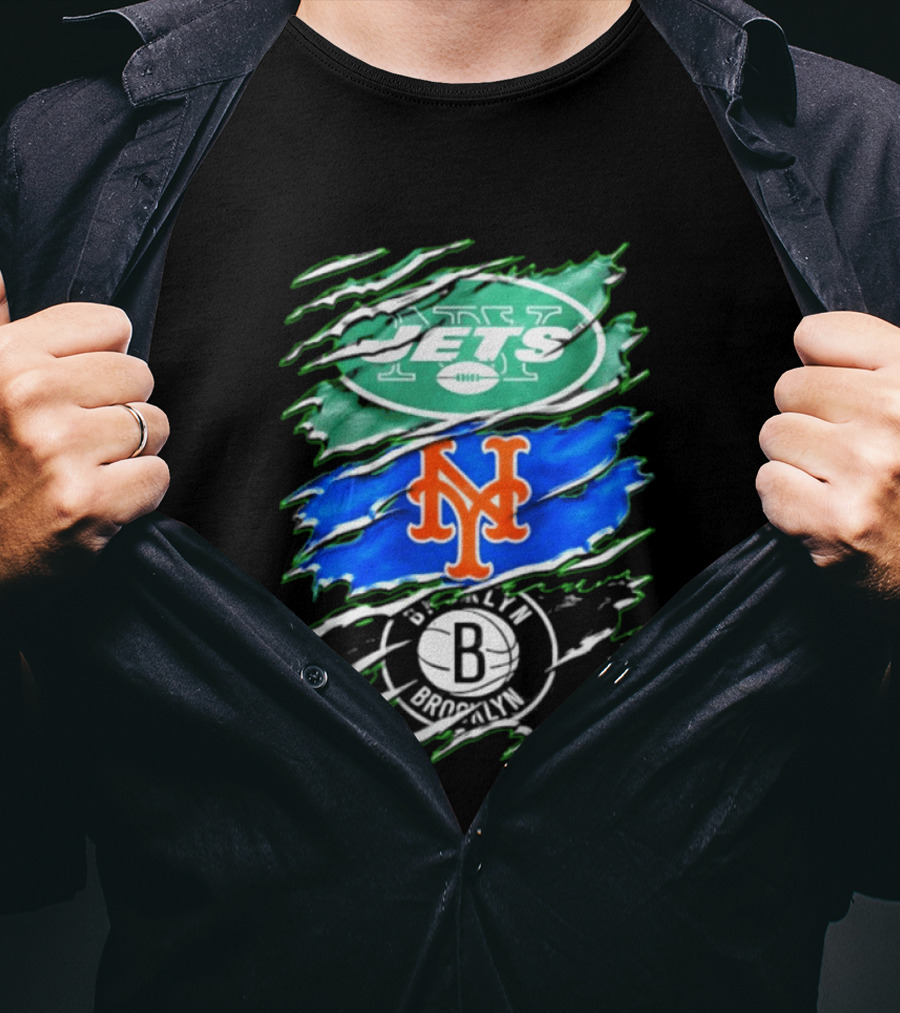 New York Jets Mets Brooklyn Nets Scratch Logo Mashup T-Shirt