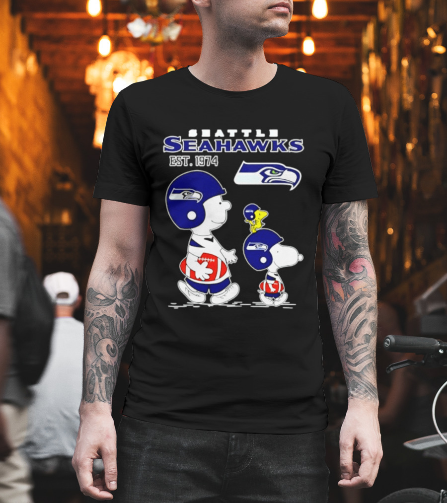 Seattle Seahawks Peanuts Snoopy Charlie Brown Est 1974 NFL T-Shirt