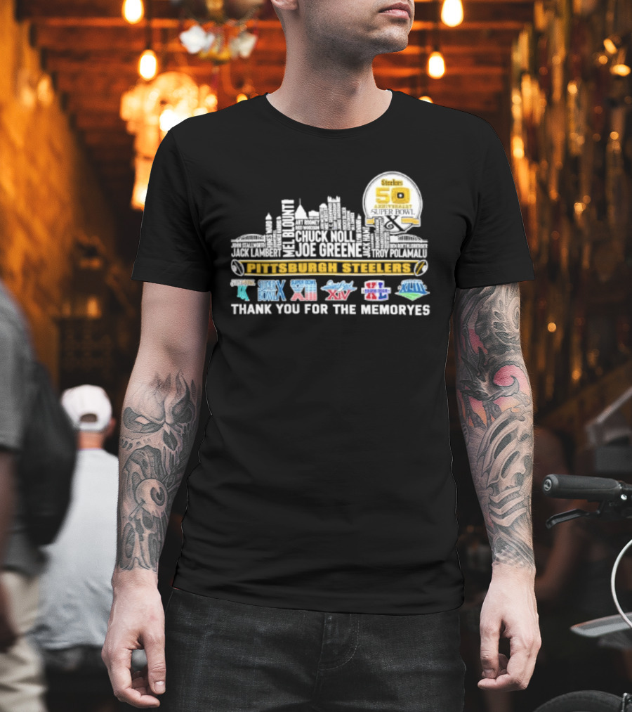 Pittsburgh Steelers Skyline 50th Anniversary Super Bowl Logos Thank You For The Memories T-Shirt