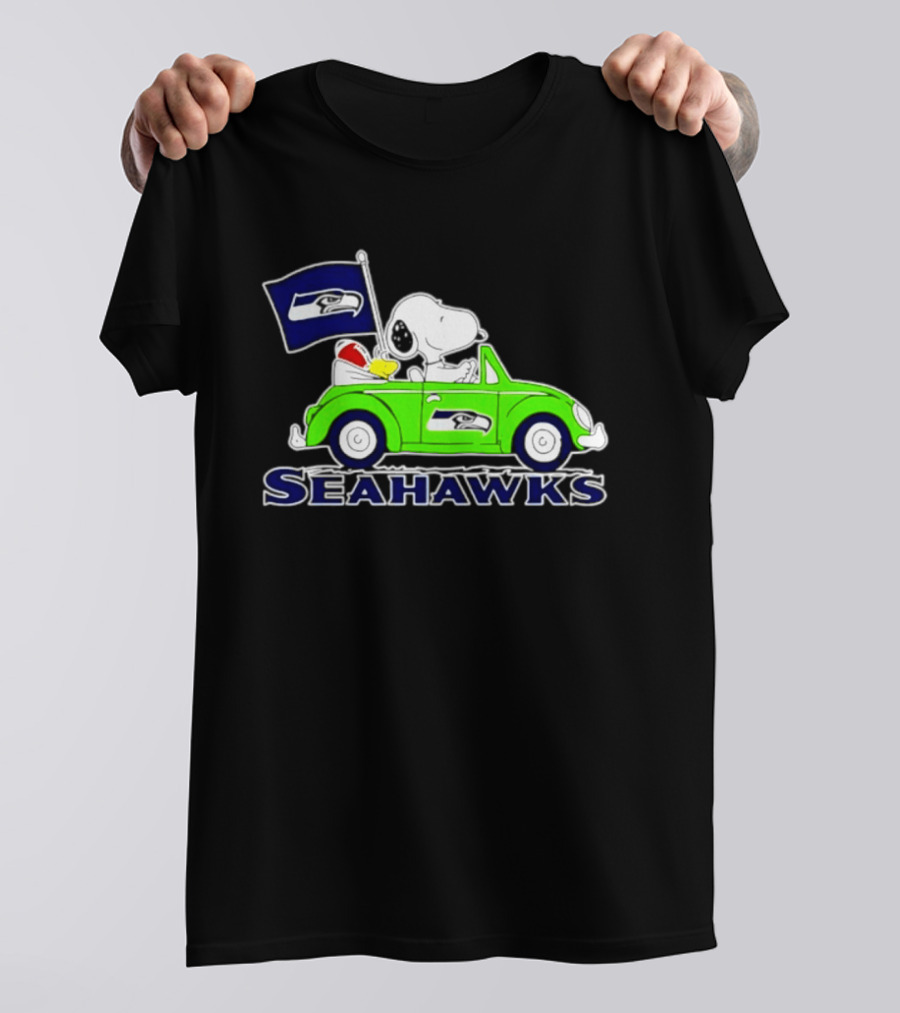 Snoopy In Volkswagen Beetle With Seattle Seahawks Flag 2026 Season T-Shirt