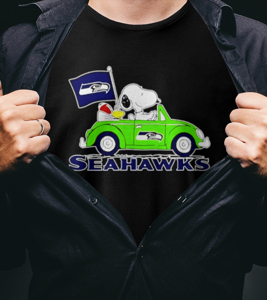 Snoopy In Volkswagen Beetle With Seattle Seahawks Flag 2026 Season T-Shirt