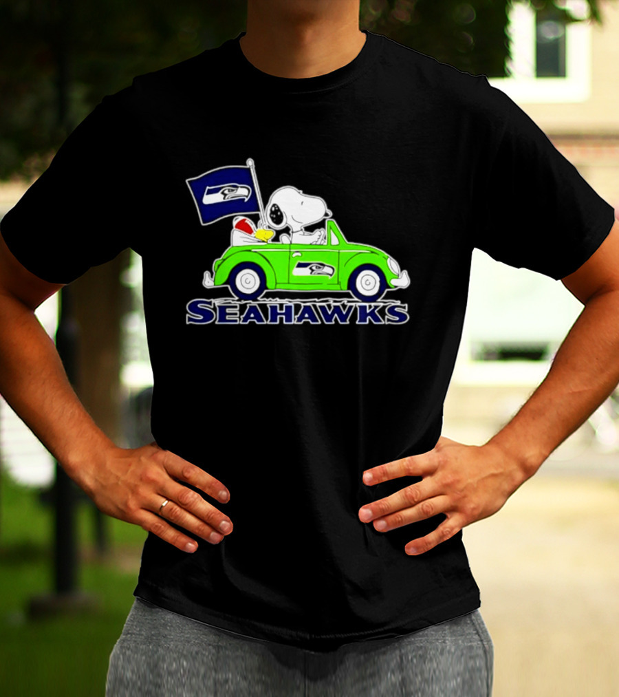 Snoopy In Volkswagen Beetle With Seattle Seahawks Flag 2026 Season T-Shirt