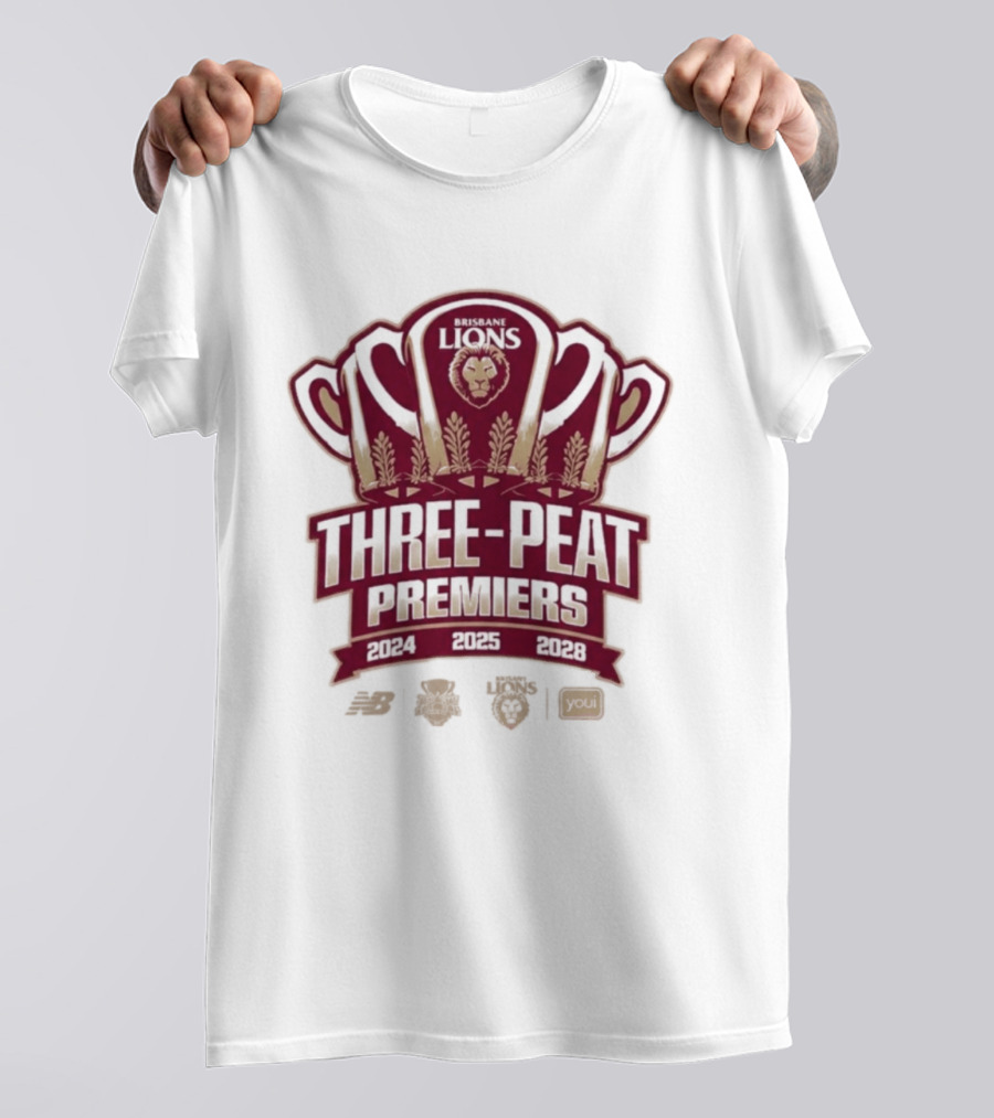 Brisbane Lions Three Peat Premiers 2024 2025 2026 AFL Trophy T-Shirt
