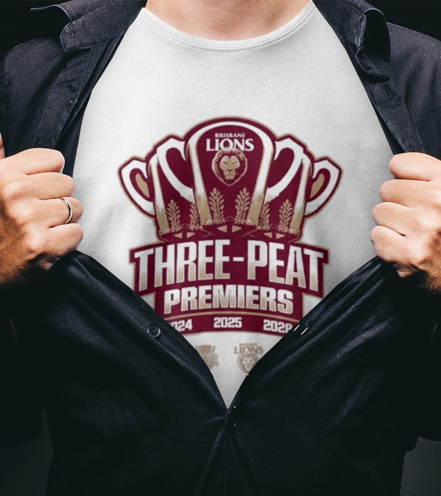 Brisbane Lions Three Peat Premiers 2024 2025 2026 AFL Trophy T-Shirt