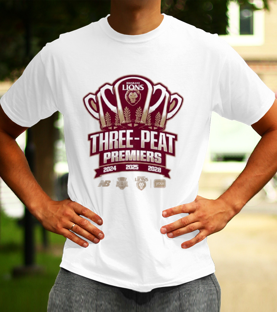 Brisbane Lions Three Peat Premiers 2024 2025 2026 AFL Trophy T-Shirt