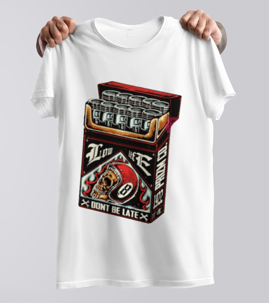 Low Life Prizm Co Don't Be Late Skull Helmet Pistons Pack T-Shirt