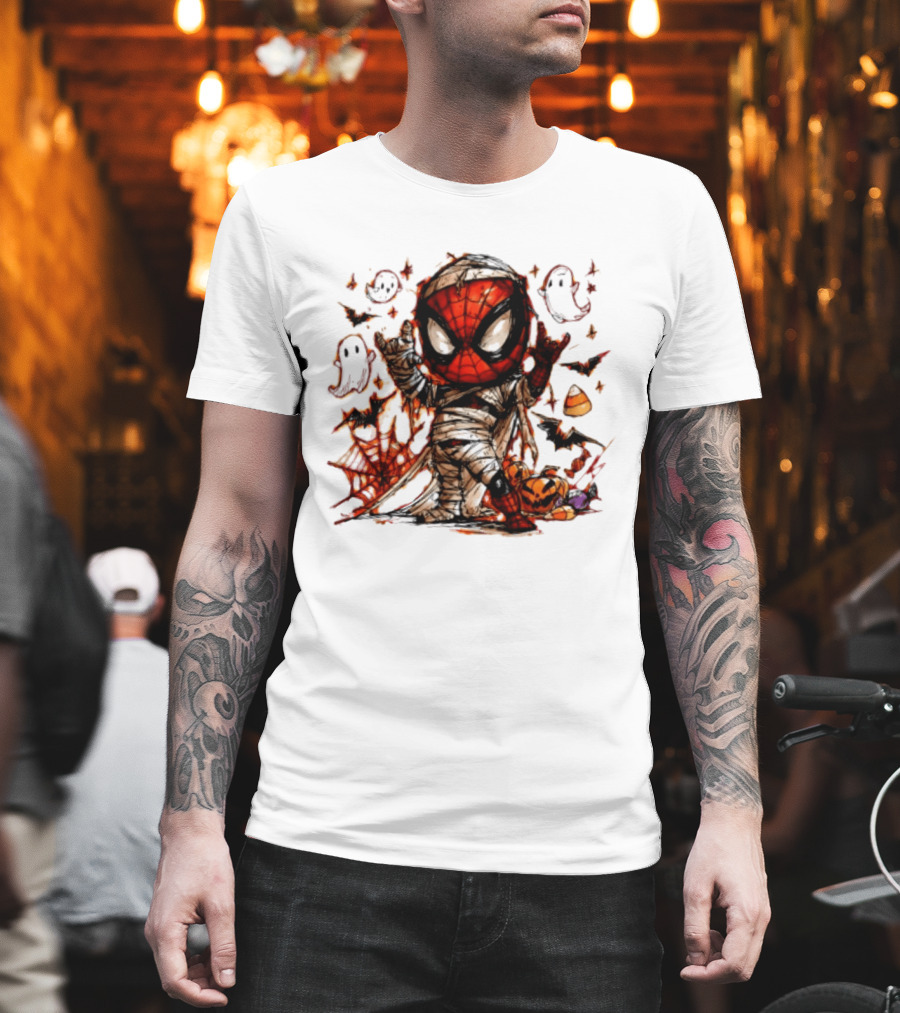 Spider Man Mummy Marvel Halloween Spidey Ghosts Bats Candy Corn Pumpkin T-Shirt