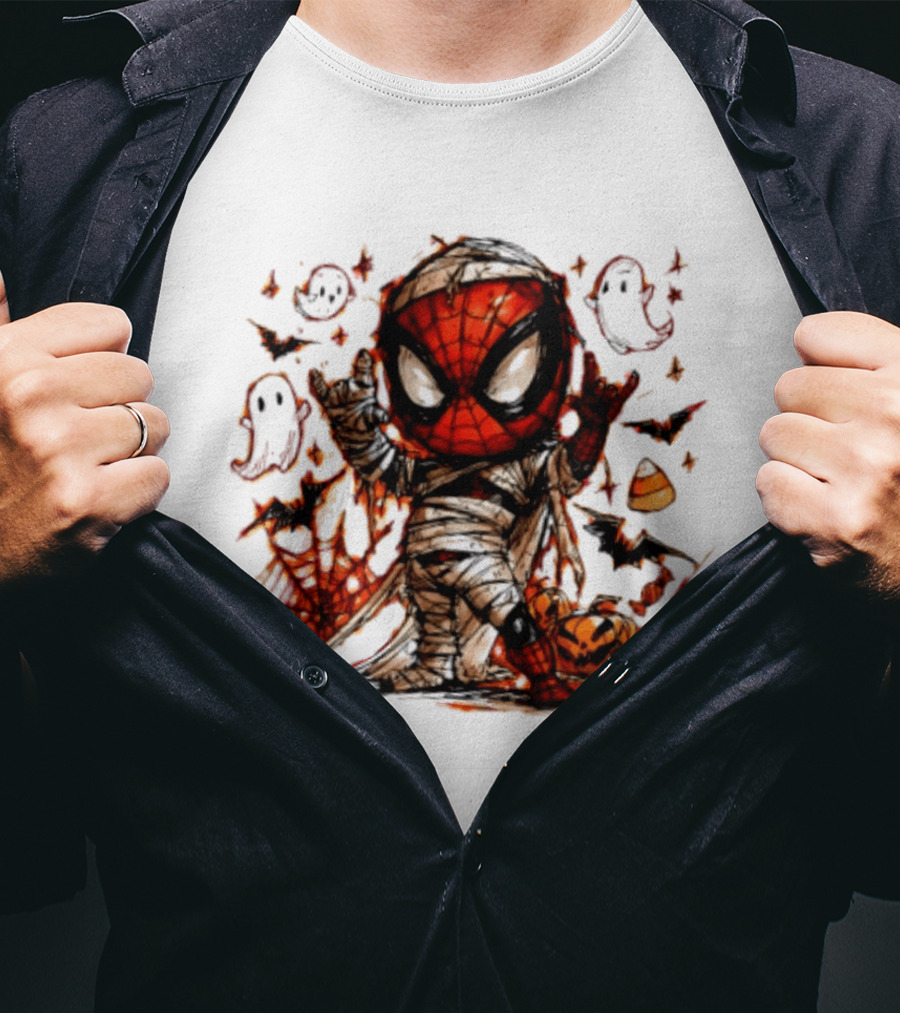 Spider Man Mummy Marvel Halloween Spidey Ghosts Bats Candy Corn Pumpkin T-Shirt