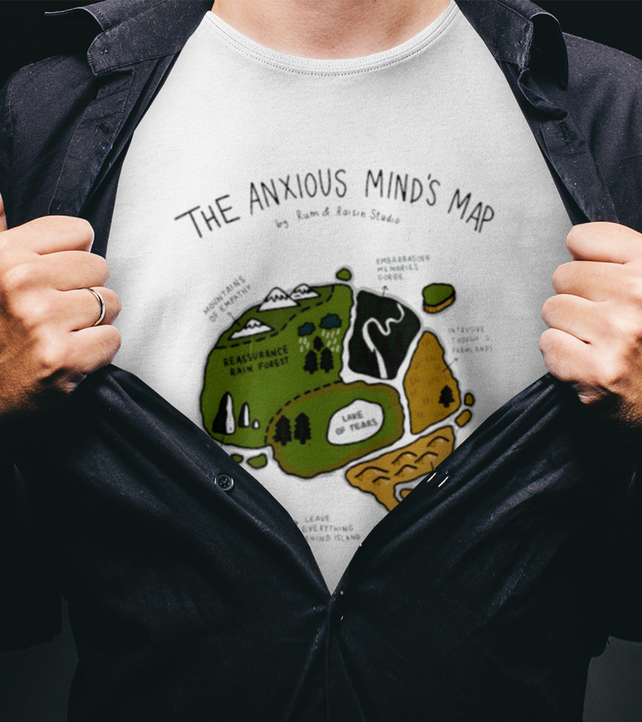 The Anxious Mind's Map Rum & Raisin Studio Reassurance Rain Forest Expectations Plateau Attack Of Panic Peaks T-Shirt
