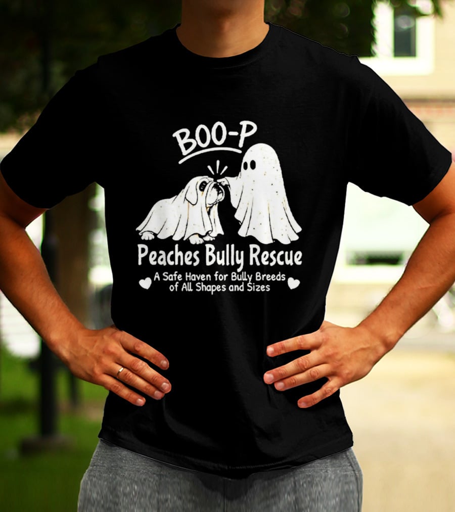 Boo P Peaches Bully Rescue Safe Haven For Bully Breeds Halloween Ghost Dog T-Shirt