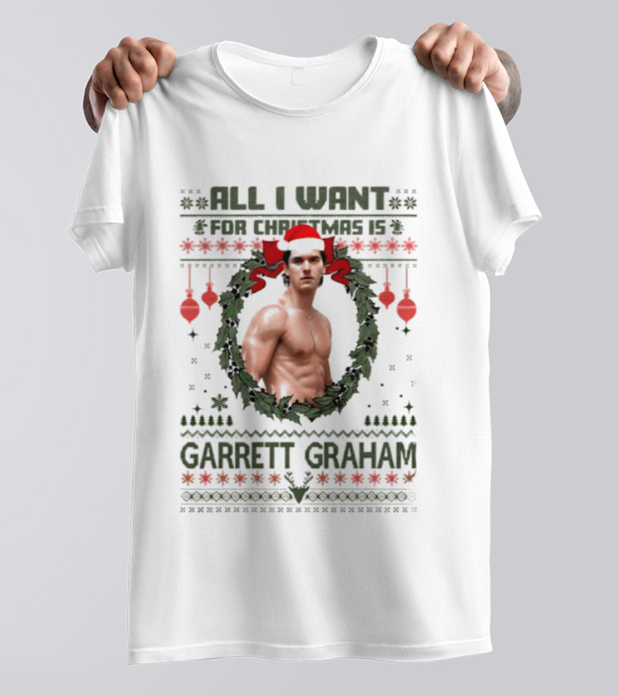 All I Want For Christmas Is Garrett Graham Ugly Christmas Holiday Santa Hat Wreath T-Shirt