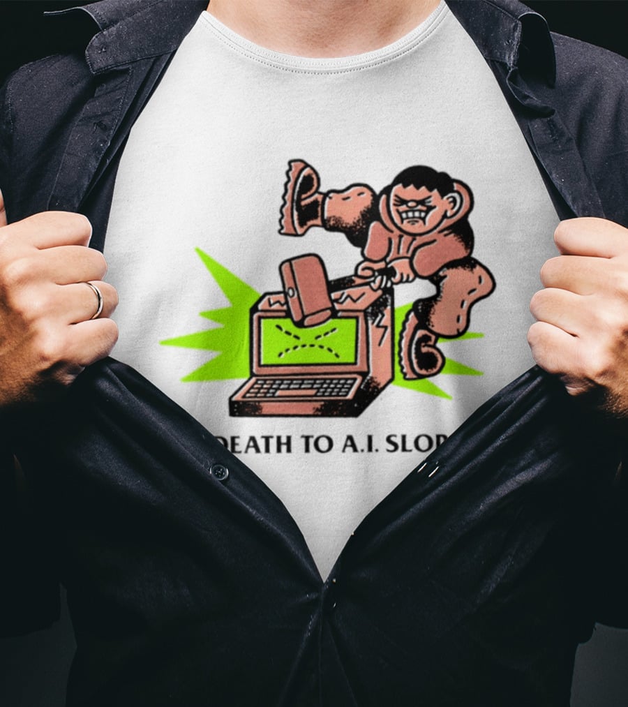 Death To AI Slop Digital Technology Revolution Sledgehammer Laptop Destruction T-Shirt