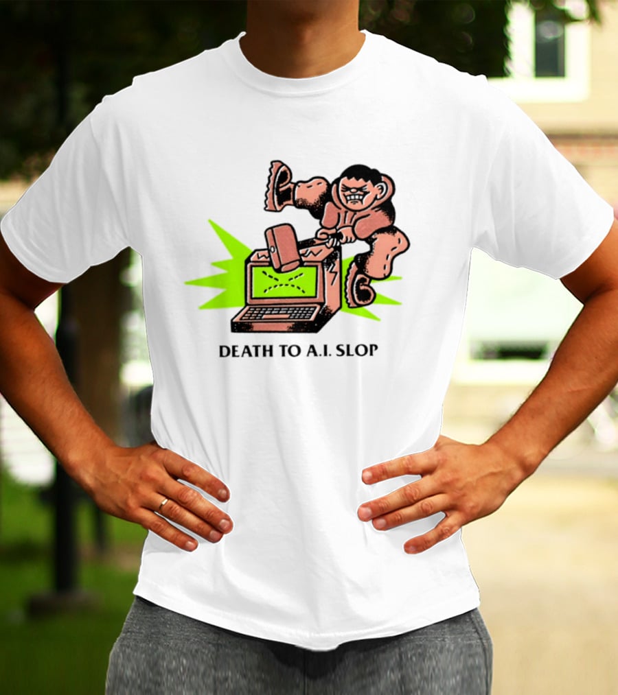 Death To AI Slop Digital Technology Revolution Sledgehammer Laptop Destruction T-Shirt