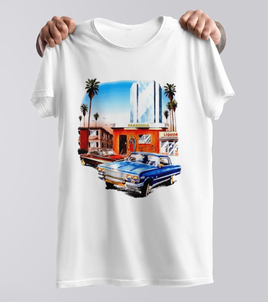 Panaderia Liquor Lowrider Scene With Vintage Cars And Palms T-Shirt