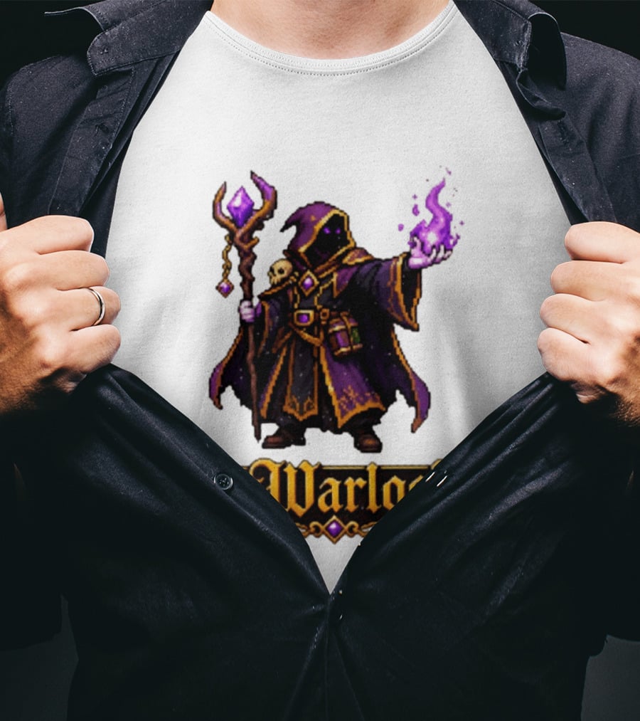 The Warlock Pixel Fantasy Mage RPG Cloaked Wizard With Staff And Magic Spell T-Shirt