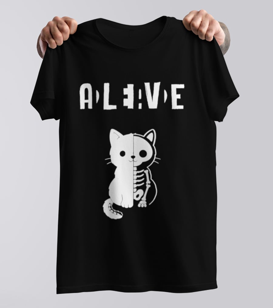 Alive Half Skeleton Cat Cute T-Shirt