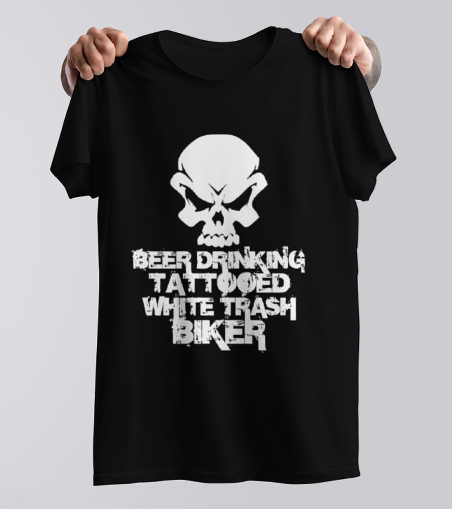 Beer Drinking Tattooed White Trash Biker Skull T-Shirt