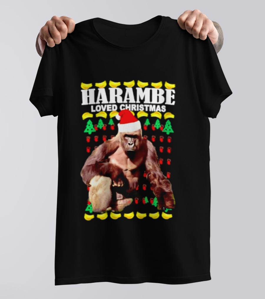 Harambe Loved Christmas Gorilla In Santa Hat With Bananas And Trees T-Shirt