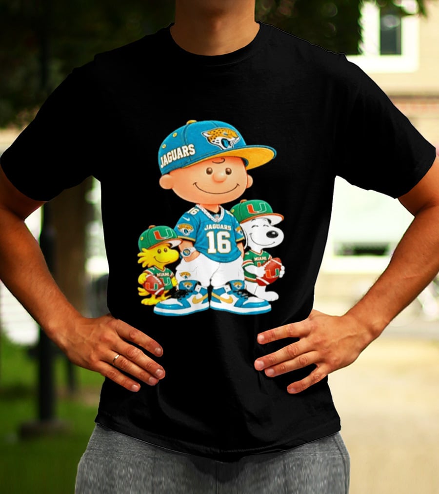 Peanuts Charlie Brown Snoopy Woodstock Jacksonville Jaguars Miami Hurricanes Football Fan Gear T-Shirt