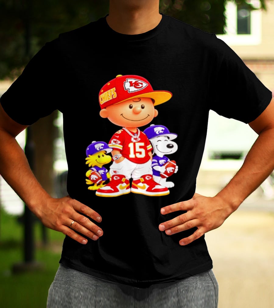 Charlie Brown Snoopy Woodstock Kansas City Chiefs 15 Football Peanuts Characters NFL Team Sports Gear T-Shirt
