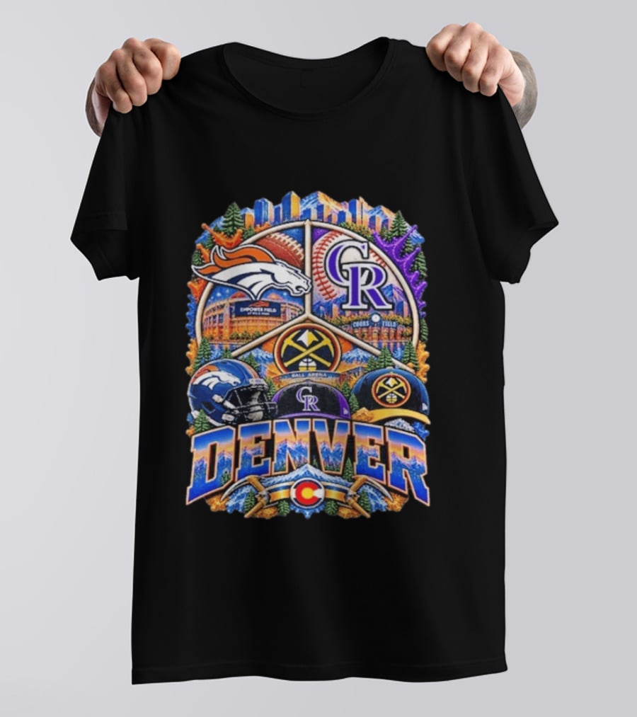 Denver Broncos Rockies Nuggets Sports Skyline Empower Field Coors Ball Arena T-Shirt