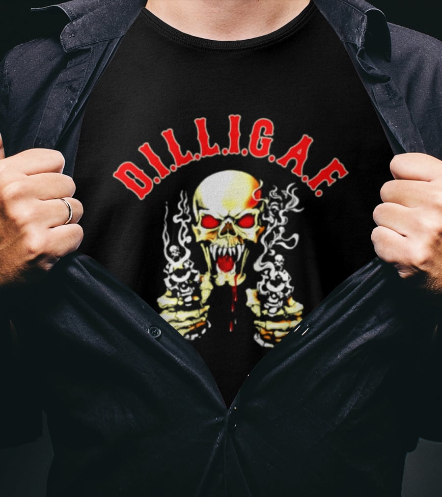 DILLIGAF Skull With Red Eyes Smoking Guns T-Shirt