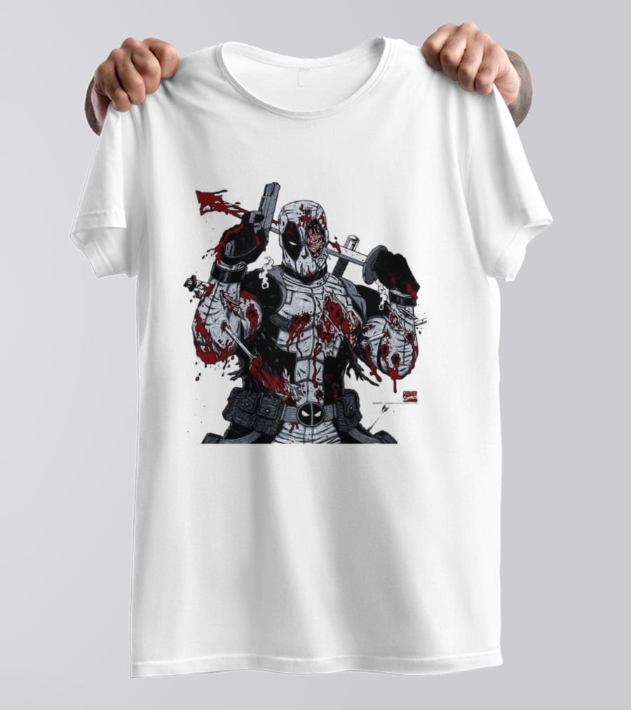 Deadpool Battle Damaged Bloody Swords Katana Gunner Comics Hero T-Shirt