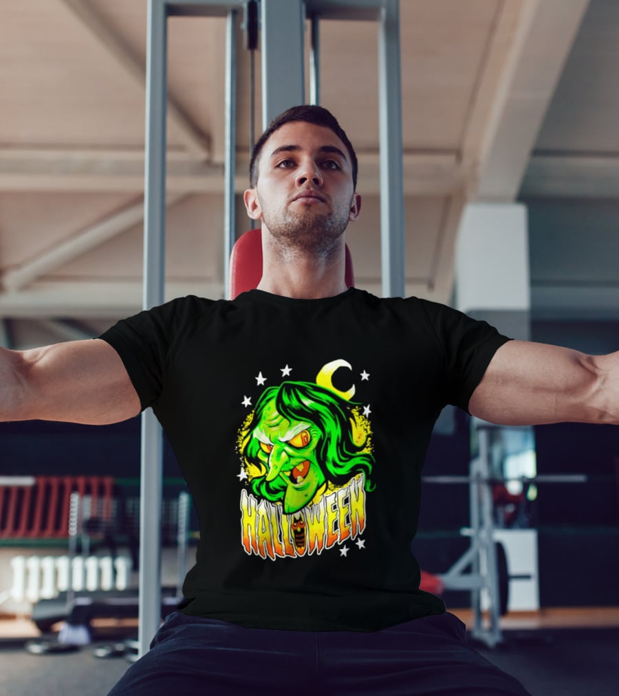 Halloween Witch Green Face Crescent Moon And Stars T-Shirt