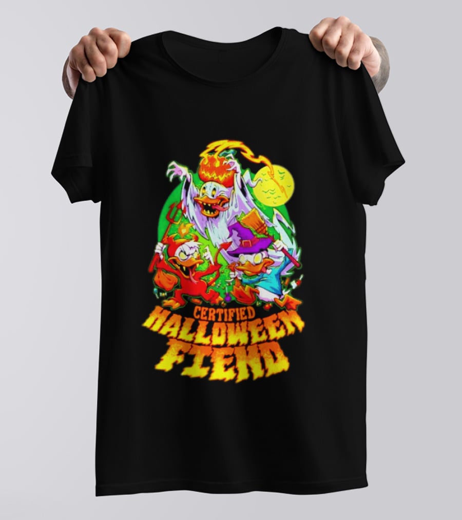 Certified Halloween Fiend Donald Duck Huey Dewey Louie Ghost Witch Devil Moon Scene T-Shirt
