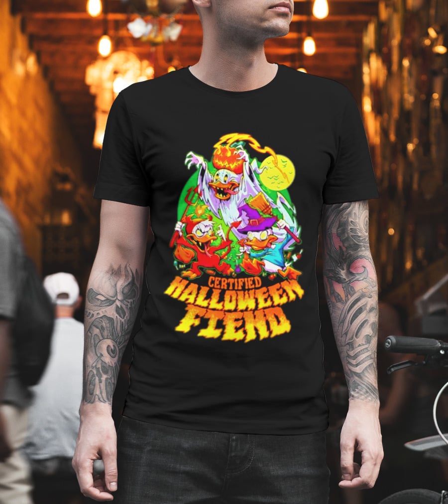Certified Halloween Fiend Donald Duck Huey Dewey Louie Ghost Witch Devil Moon Scene T-Shirt