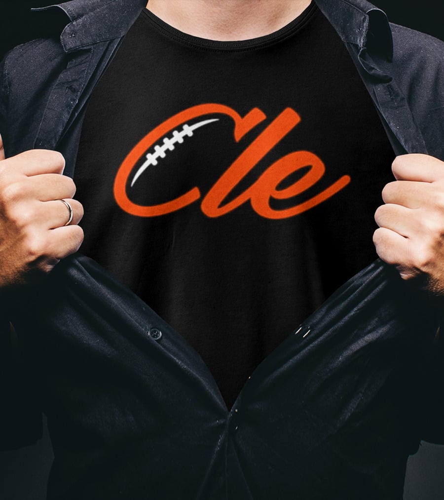 Cleveland Browns Cle Football Team Cle Script Text With Football Stitching T-Shirt