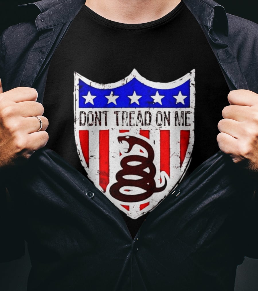 Dont Tread On Me American Flag Shield Gadsden Snake T-Shirt