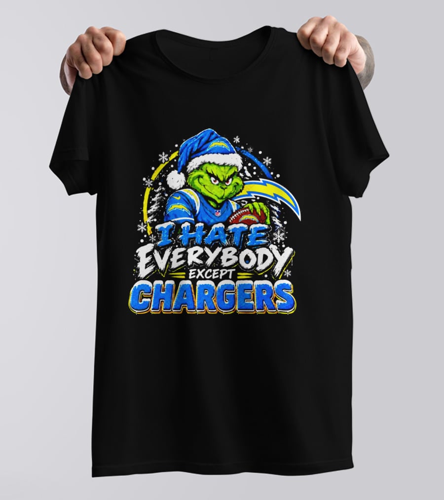 Los Angeles Chargers Grinch Christmas I Hate Everybody Except Chargers Fans Holiday T-Shirt