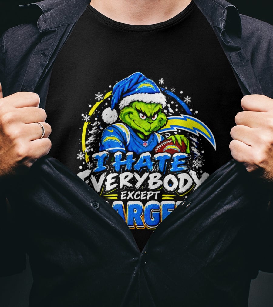 Los Angeles Chargers Grinch Christmas I Hate Everybody Except Chargers Fans Holiday T-Shirt