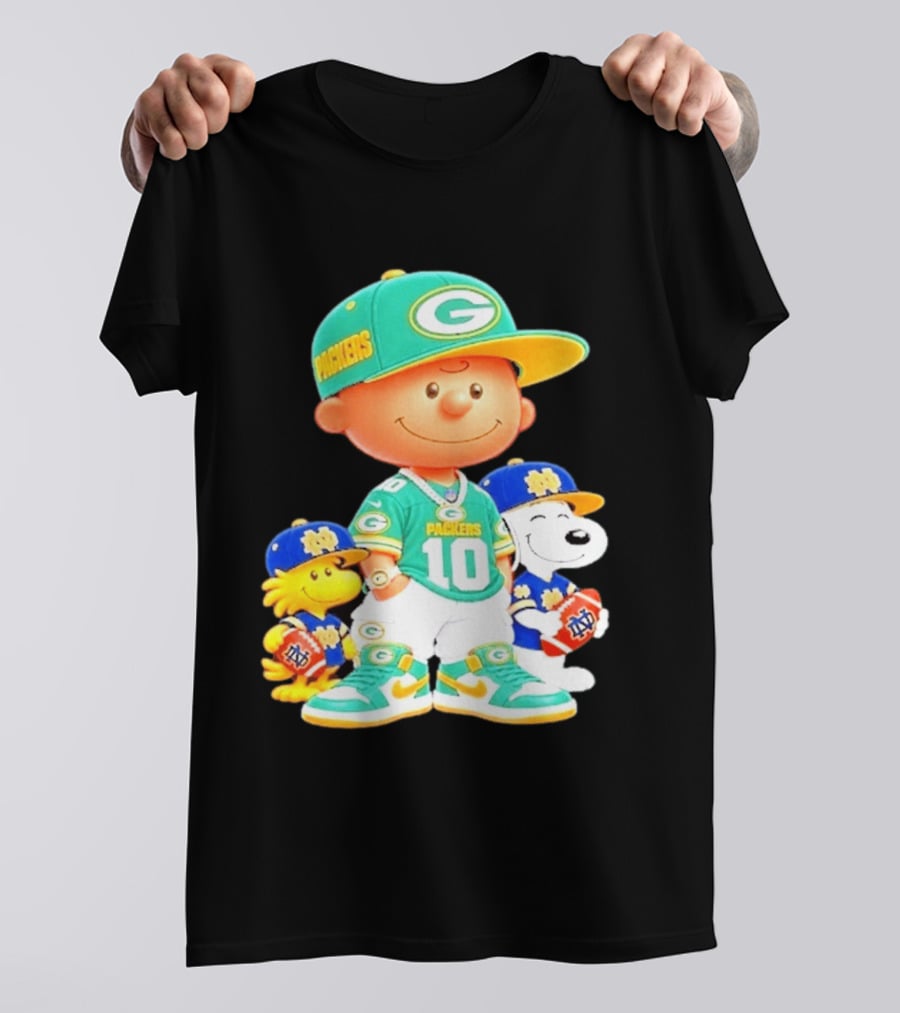 Peanuts Green Bay Packers Notre Dame Fighting Irish Football Characters Charlie Brown Snoopy Woodstock T-Shirt