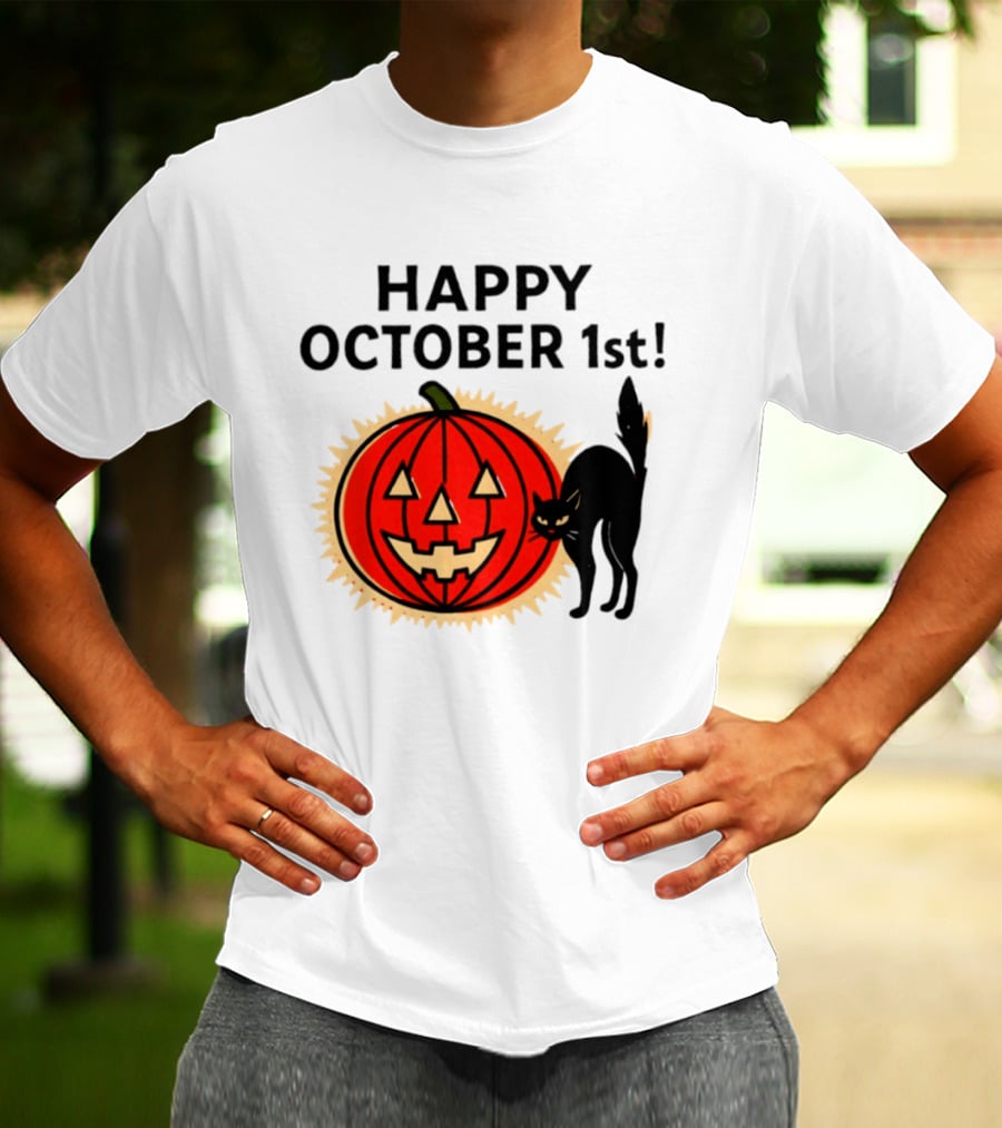 Happy October 1st Pumpkin Black Cat Halloween Celebration T-Shirt