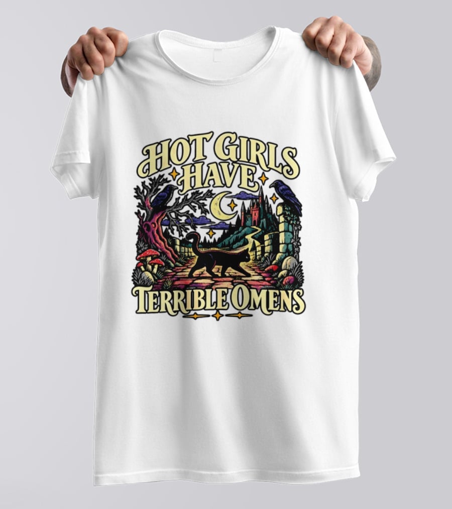 Hot Girls Have Terrible Omens Gothic Cat Halloween Scene T-Shirt