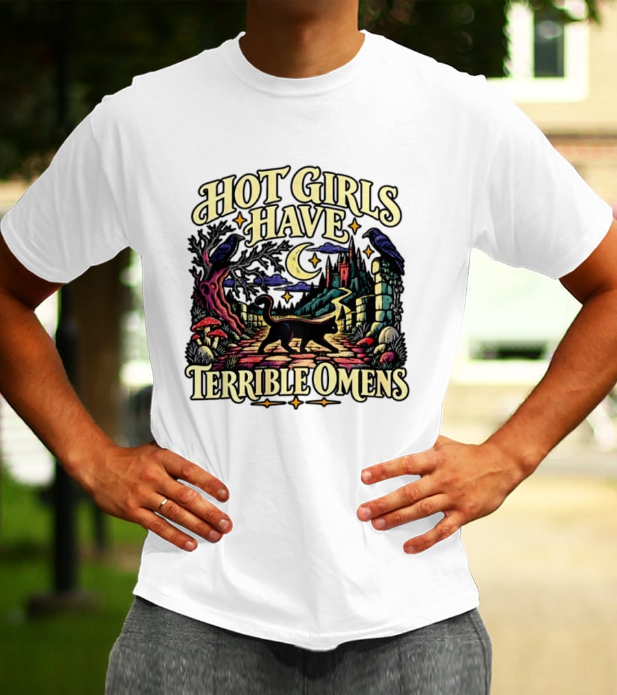 Hot Girls Have Terrible Omens Gothic Cat Halloween Scene T-Shirt