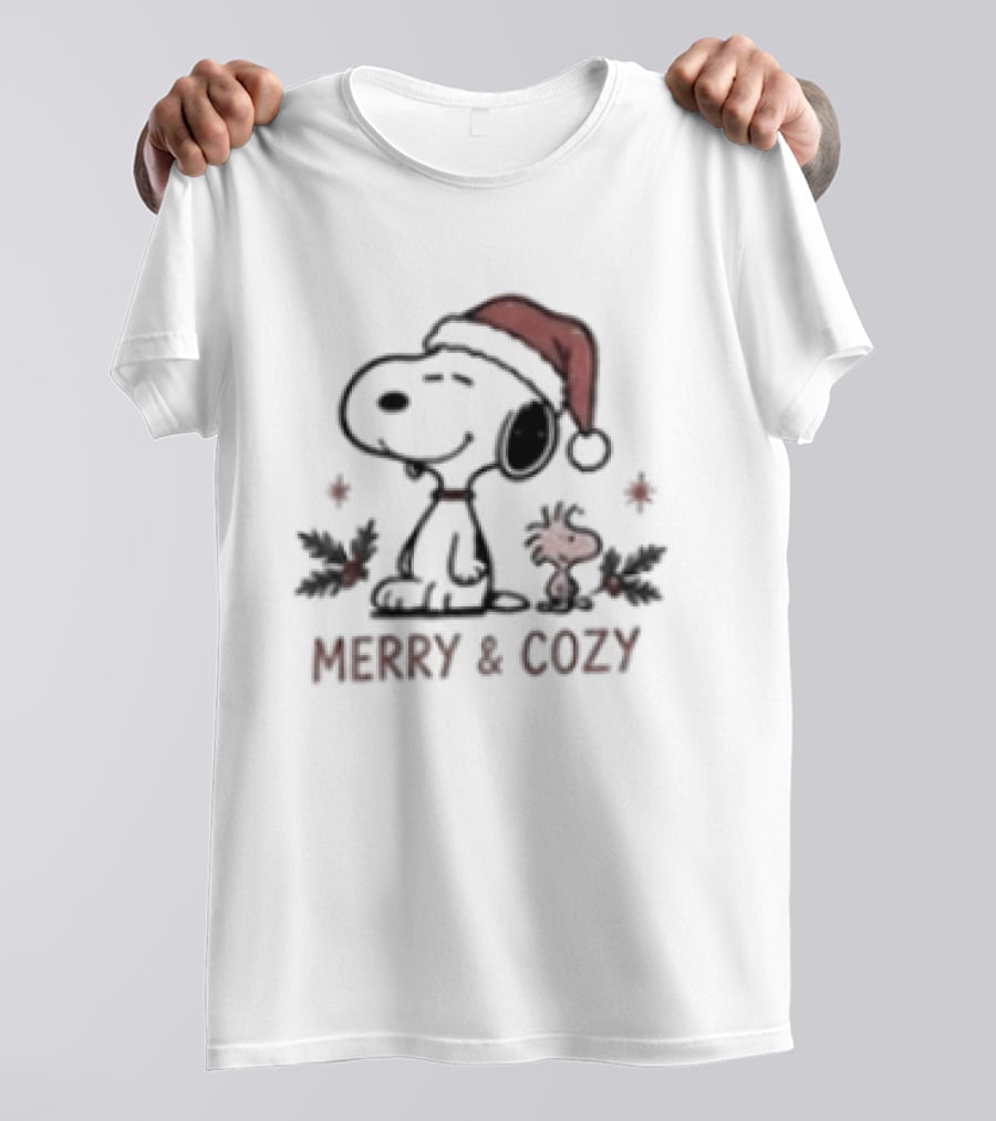 Merry & Cozy Snoopy Christmas Club Holiday Santa Hat And Holly T-Shirt