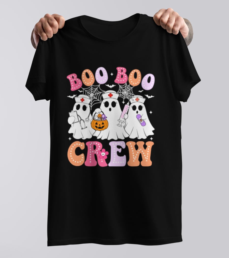 Boo Boo Crew Ghost Nurse Halloween Spooky Pumpkins And Webs T-Shirt
