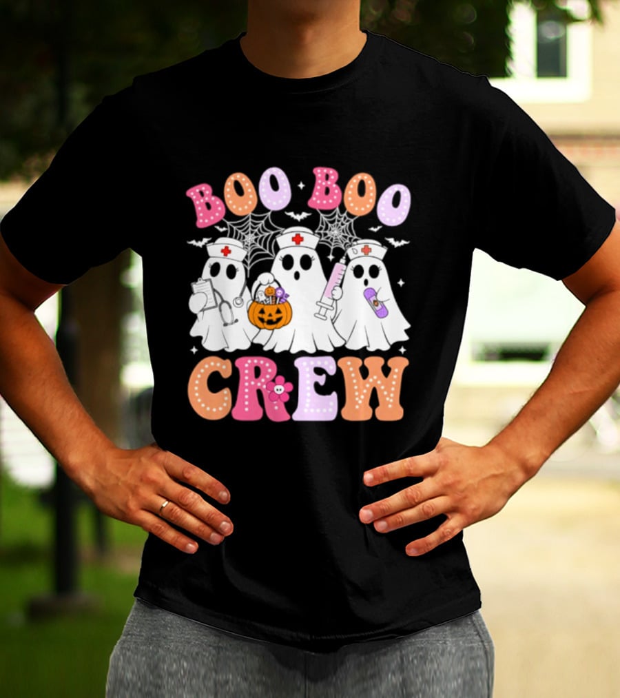 Boo Boo Crew Ghost Nurse Halloween Spooky Pumpkins And Webs T-Shirt