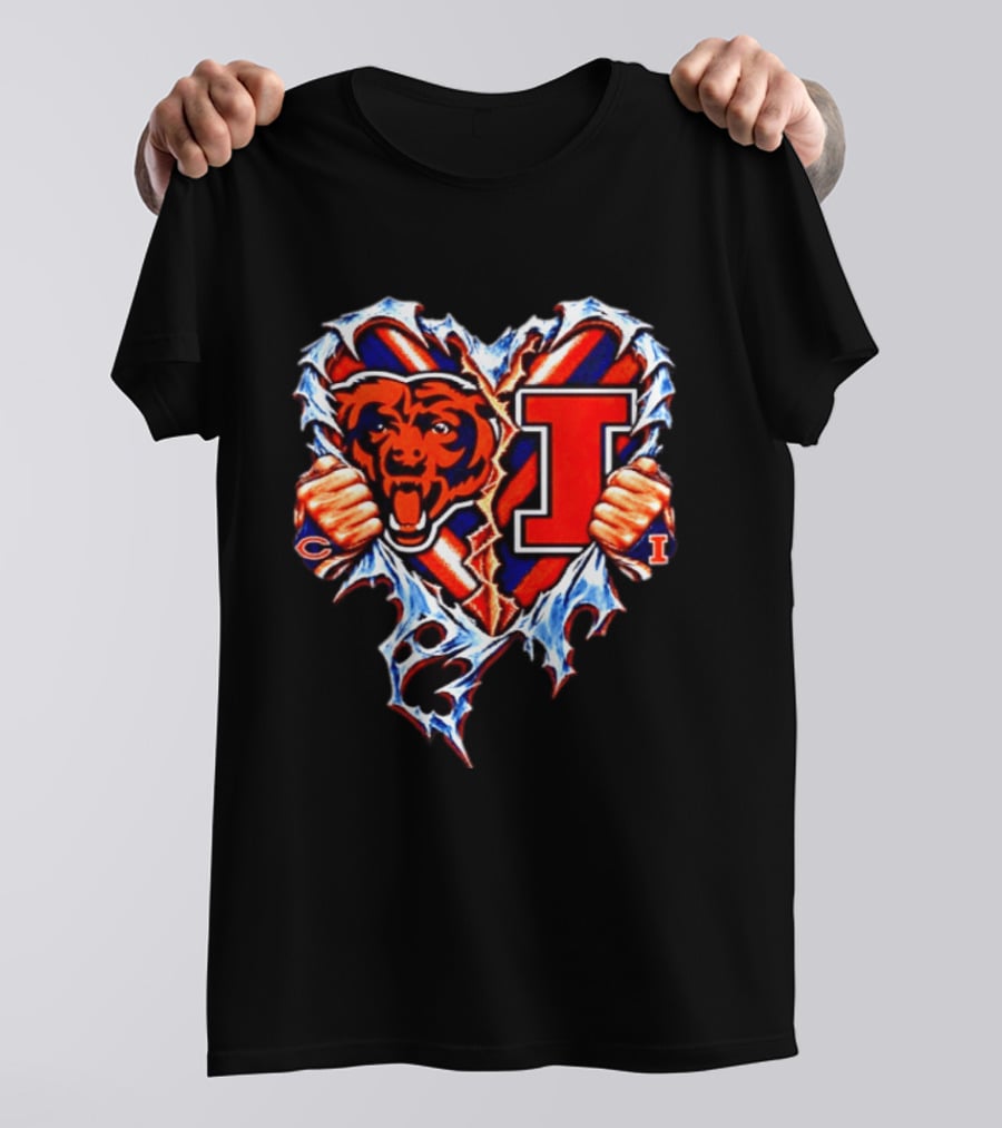 Chicago Bears Illinois Fighting Illini Heart Ripped Chest Mashup T-Shirt