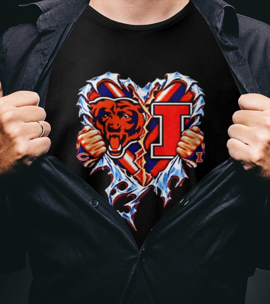 Chicago Bears Illinois Fighting Illini Heart Ripped Chest Mashup T-Shirt