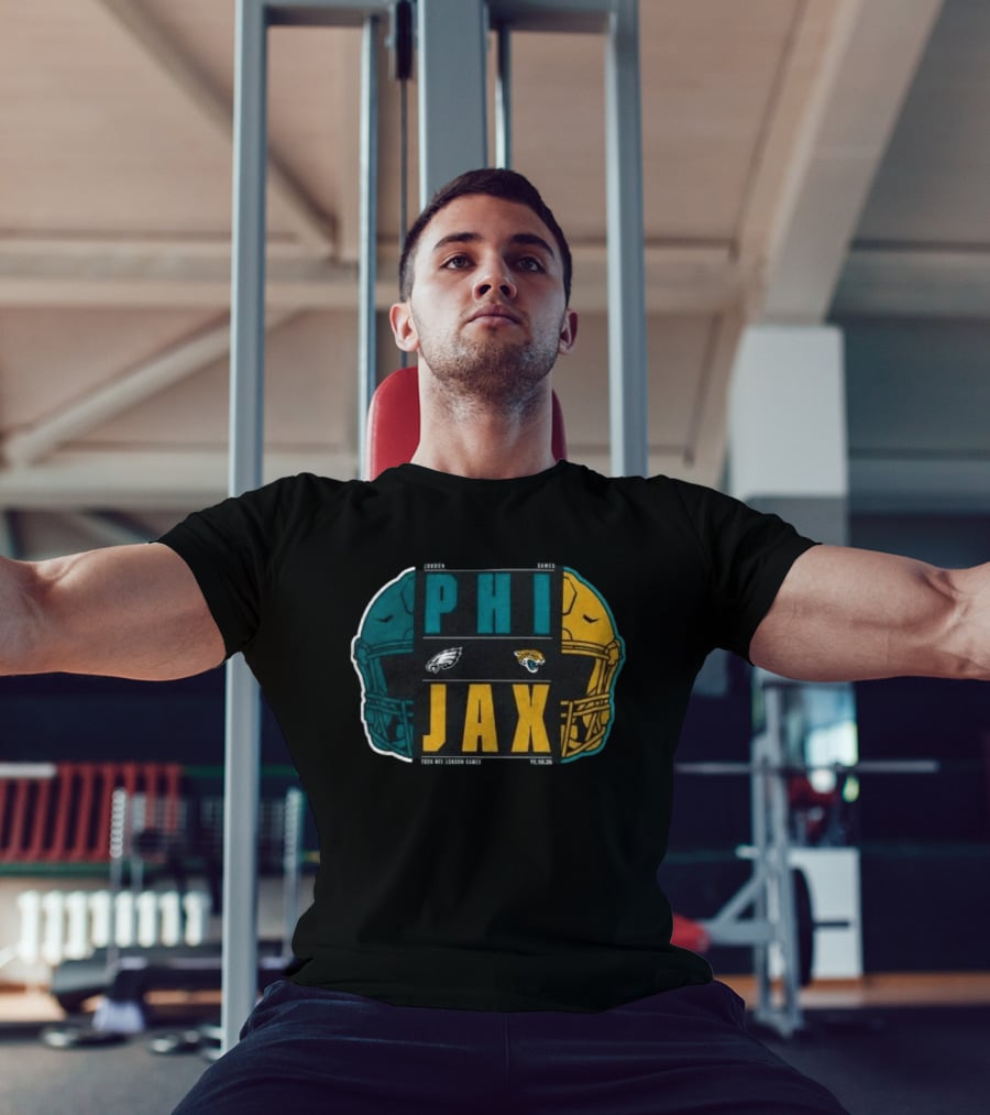 Jacksonville Jaguars Vs Philadelphia Eagles 2026 London Game International City Matchup Football Helmets Logos T-Shirt