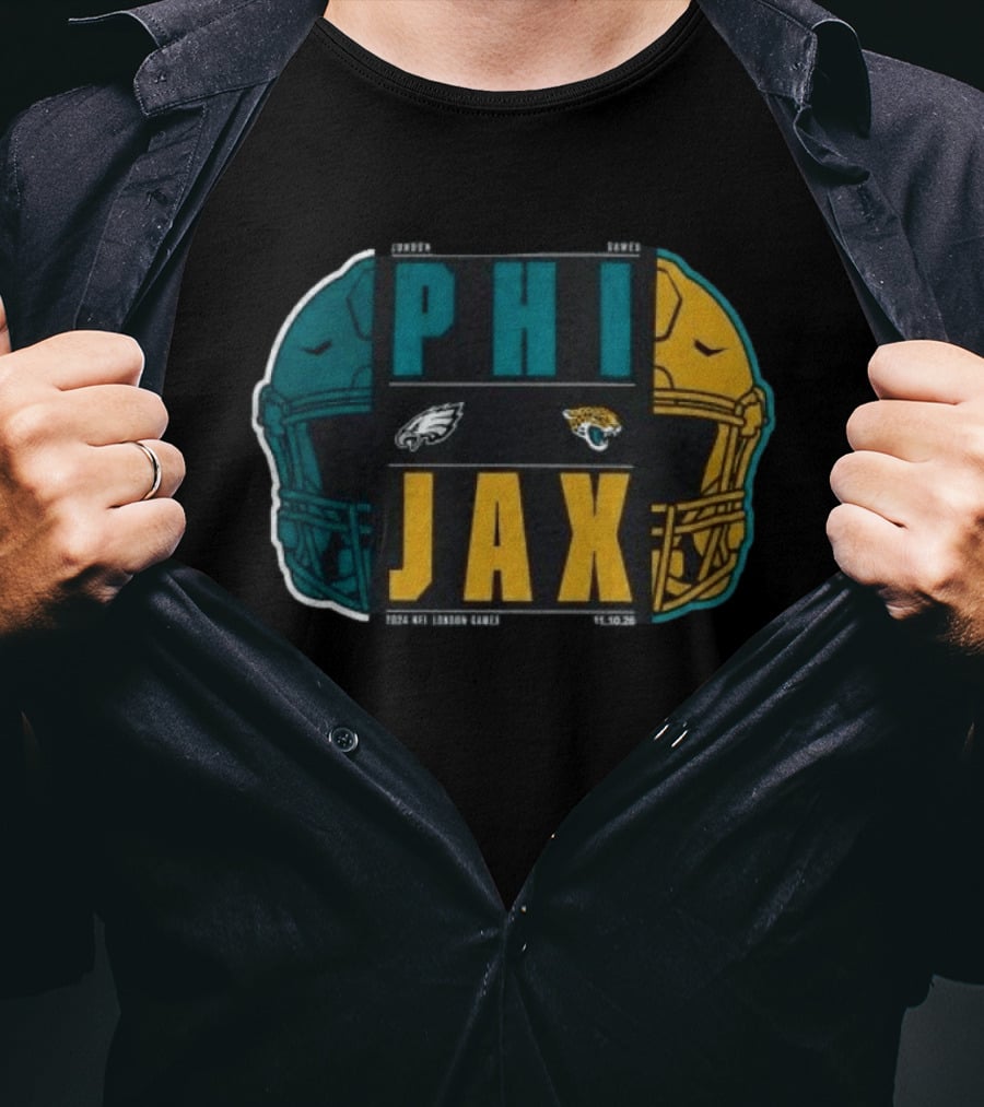 Jacksonville Jaguars Vs Philadelphia Eagles 2026 London Game International City Matchup Football Helmets Logos T-Shirt